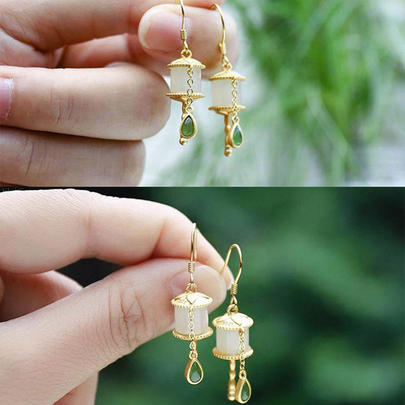 Buddha Stones 925 Sterling Silver Jade Prayer Wheel Luck Drop Earrings - image 9