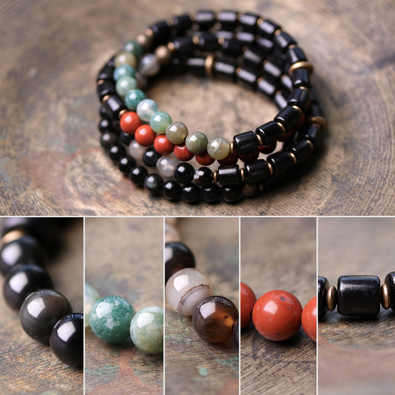 Buddha Stones Ebony Wood Red Jasper Moss Agate Crystal Copper Peace Couple Bracelet - image 14