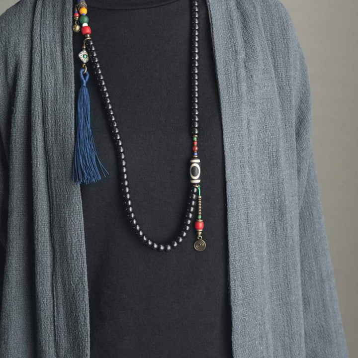 Buddha Stones 108 Beads Mala Ebony Wood Dzi Bead Copper Balance Tassel Bracelet - image 6