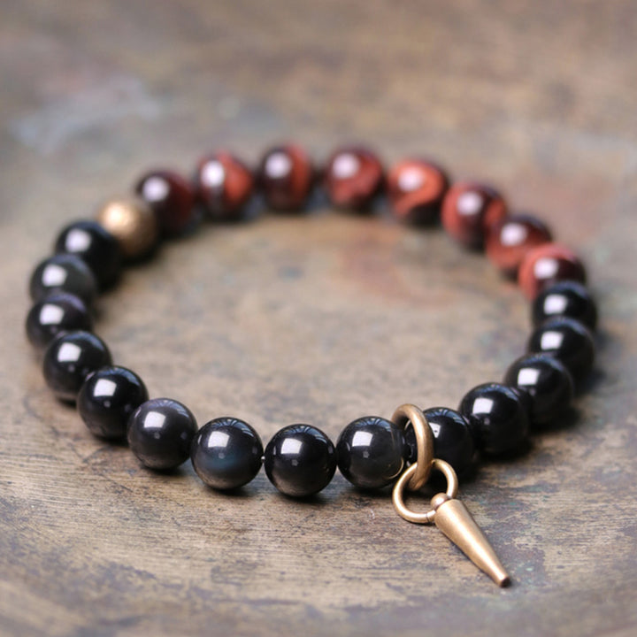 Buddha Stones Black Obsidian Sodalite Crystal Copper Strength Couple Bracelet - Black Obsidian&Red Tiger's Eye - 18cm - image 16