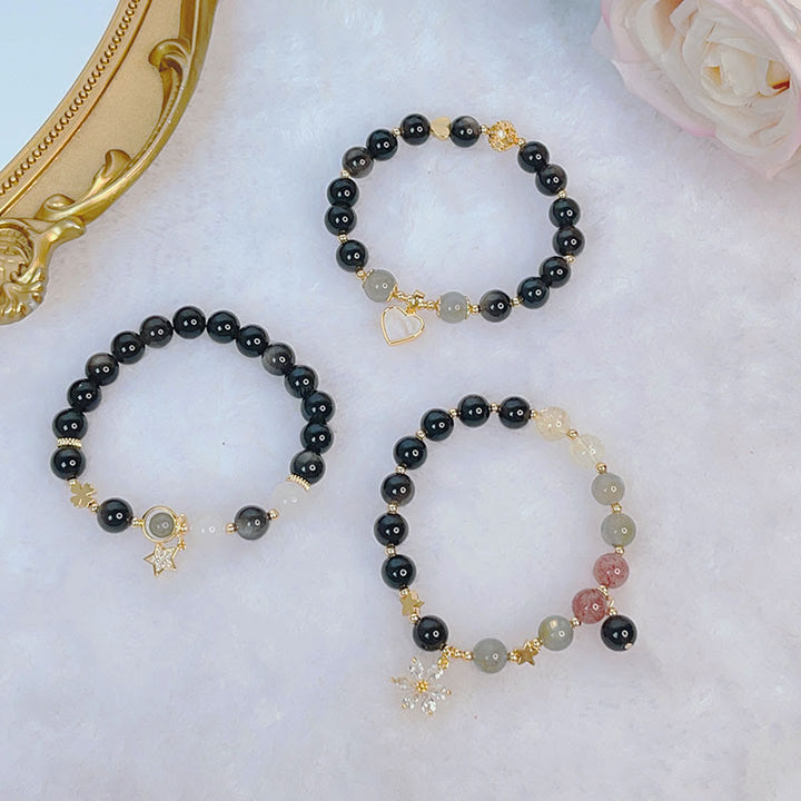 Buddha Stones Natural Silver Sheen Obsidian Love Heart Star Flower Protection Bracelet - image 15