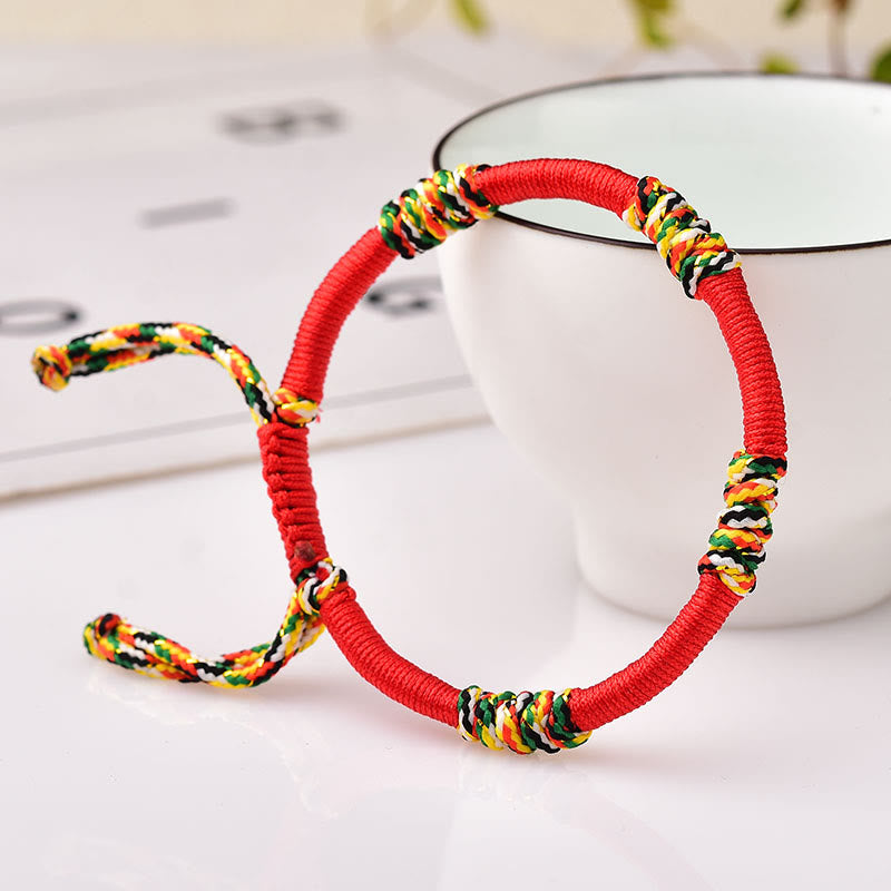 Buddha Stones Tibetan Handmade Colorful King Kong Knot Lucky Protection Braid String Bracelet - Red Adjustable Bracelet 18cm - image 0