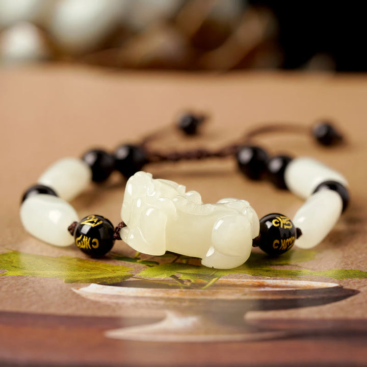 Buddha Stones Natural Hetian White Jade PiXiu Wealth String Bracelet - Om Mani Padme Hum White Jade Pixiu - Men - image 2