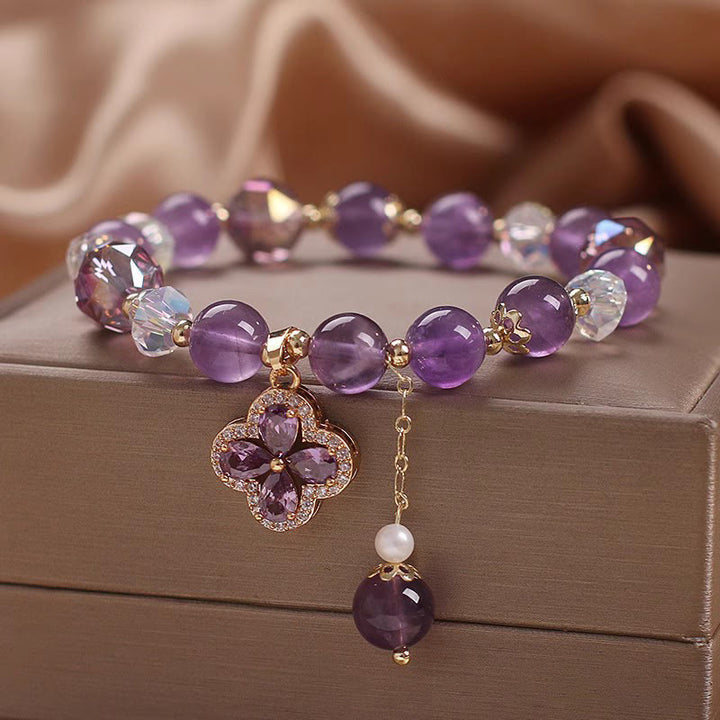 Buddha Stones Natural Amethyst Crystal Four Leaf Clover Spiritual Healing Bracelet - image 3