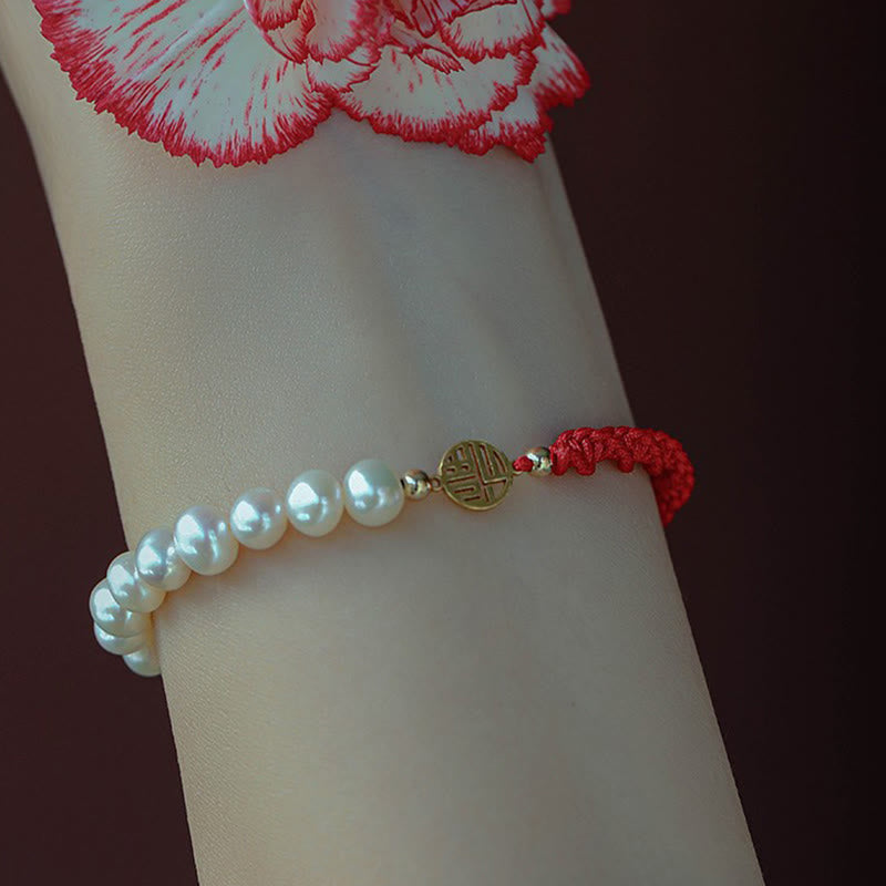 Buddha Stones 14K Gold Plated Pearl Bead Luck Protection Braid Red String Bracelet - image 18