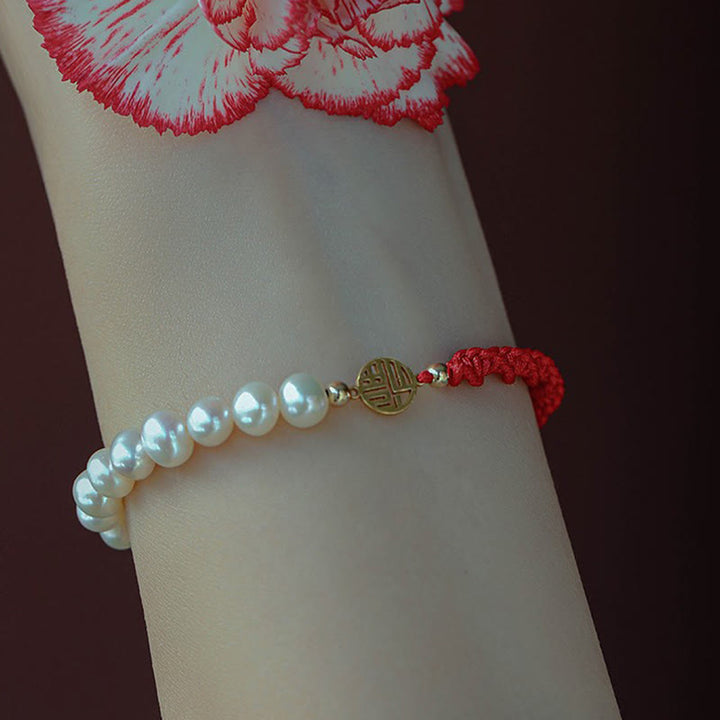 Buddha Stones 14K Gold Plated Pearl Bead Luck Protection Braid Red String Bracelet - image 18