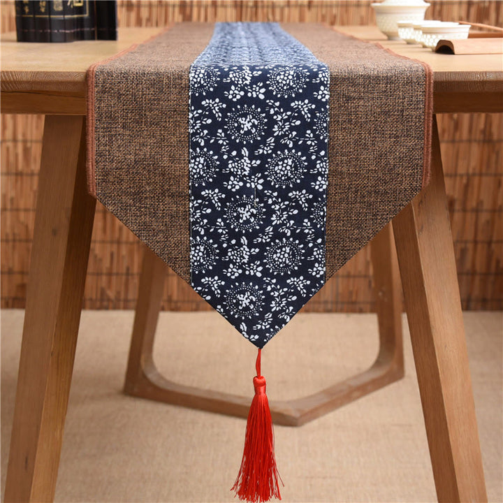 Buddha Stones Classic Chinese Style Lotus Koi Fish Flower Crane Calligraphy Enlightenment Cotton Linen Tassels Table Runner - Brown Dark Blue Flower - 30*180cm - image 24