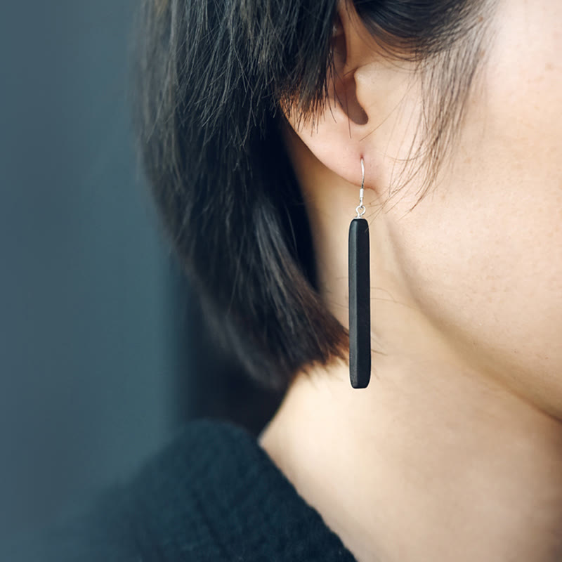 Buddha Stones 925 Sterling Silver Ebony Wood Texture Balance Peace Drop Dangle Earrings - image 5