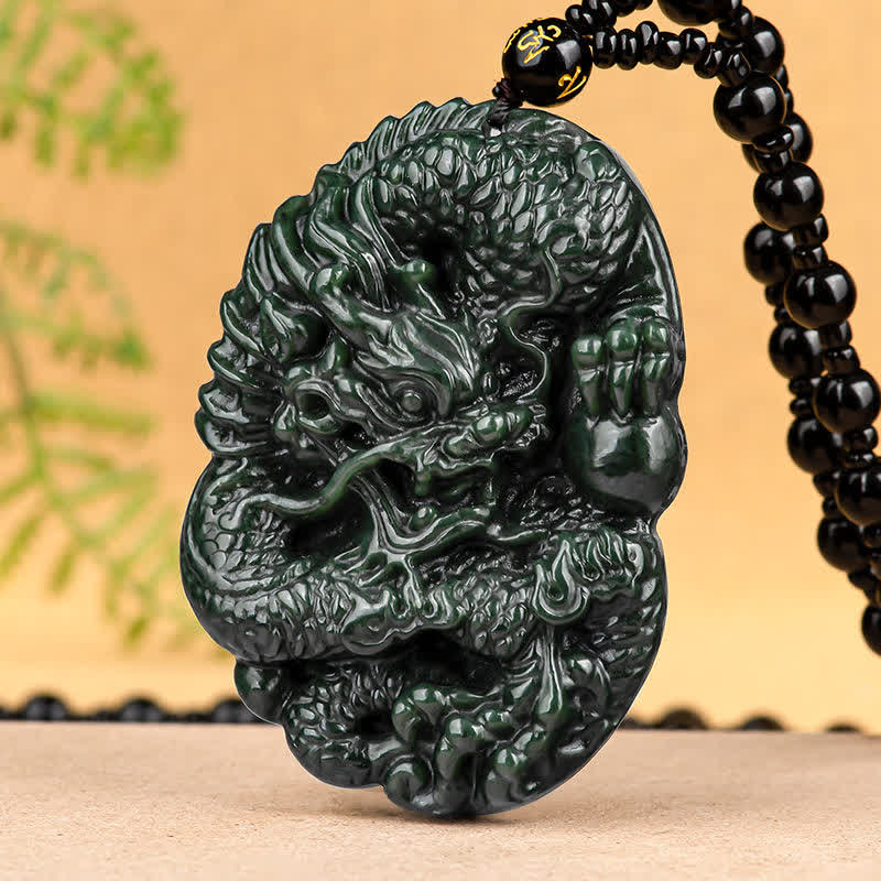 Buddha Stones Hetian Cyan Jade Dragon Success Harmony Necklace Beaded String Pendant - image 7