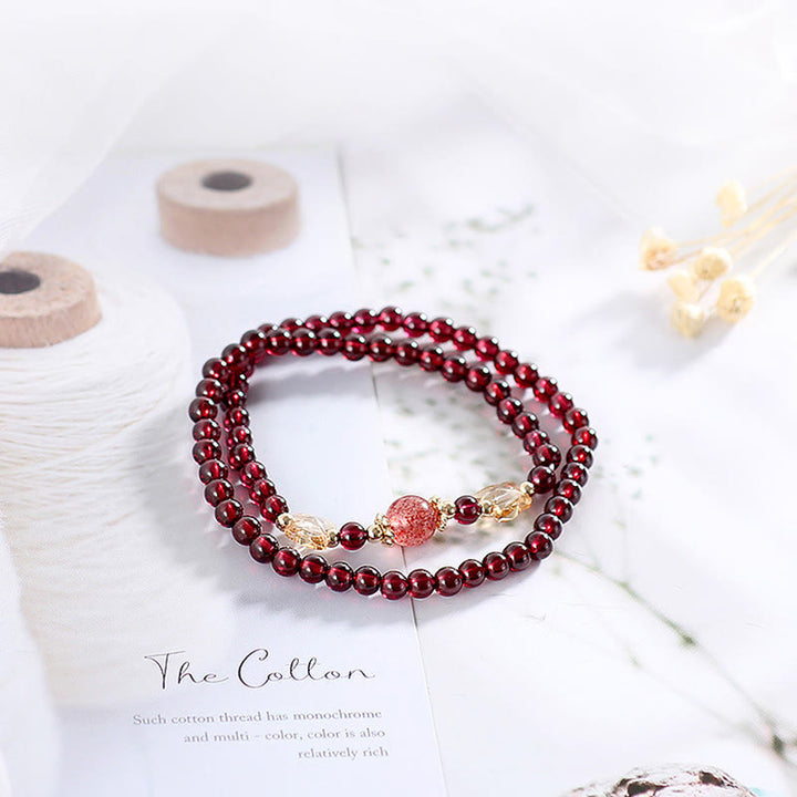 Buddha Stones 14K Gold Plated Natural Garnet Strawberry Quartz Butterfly Protection Double Wrap Bracelet - image 2