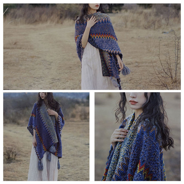 Buddha Stones Tibetan Shawl Soft Warm Knitting Cloak Winter Tibetan Tassel Scarf - image 16