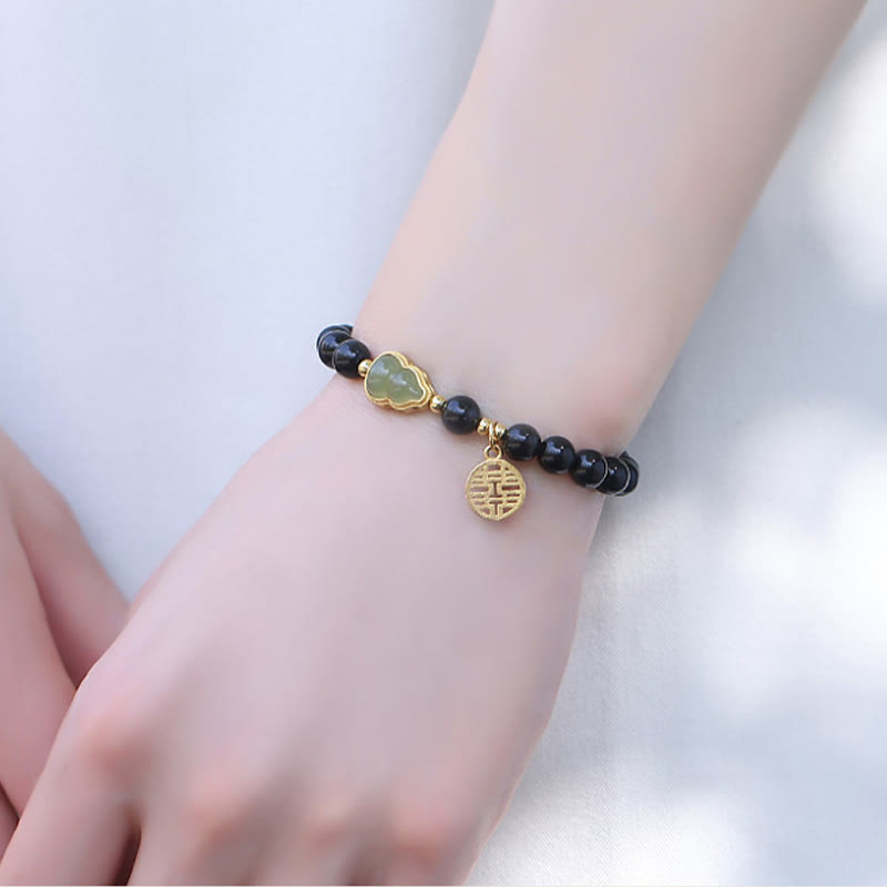 Buddha Stones Natural Black Obsidian Hetian Jade Gourd Double Happiness Strength Bracelet - image 12