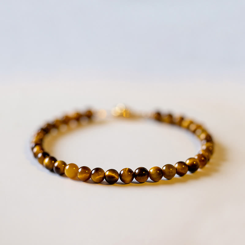 Buddha Stones 14K Gold Plated Natural Tiger Eye Stone Courage Protection Bracelet - 17cm(Bead Size: 4mm) - image 0