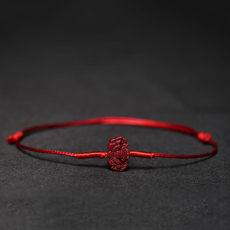 Buddha Stones Handmade Plum Blossom Four Leaf Clover PiXiu Lotus Koi Fish Cinnabar Blessing Braid Bracelet - Red(Wrist Circumference 14-19cm) - Lotus - image 14