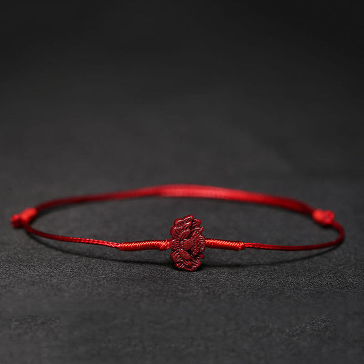 Buddha Stones Handmade Plum Blossom Four Leaf Clover PiXiu Lotus Koi Fish Cinnabar Blessing Braid Bracelet - Red(Wrist Circumference 14-19cm) - Lotus - image 14
