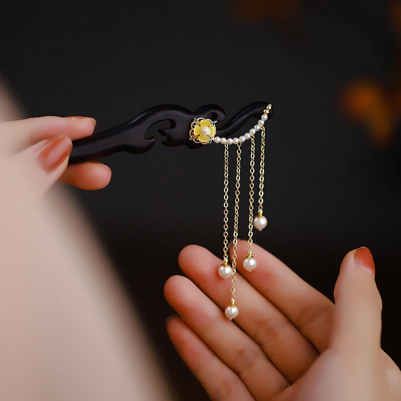 Buddha Stones Ebony Wood Yellow Flower Pearl Tassels Hairpin - image 2
