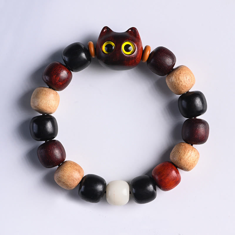 Buddha Stones Small Leaf Red Sandalwood Ebony Wood Cute Cat Engraved Protection Bracelet - image 3