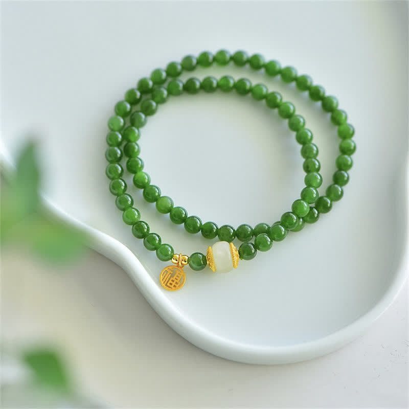 Buddha Stones Hetian Cyan Jade Happiness Blessing Bracelet - image 3