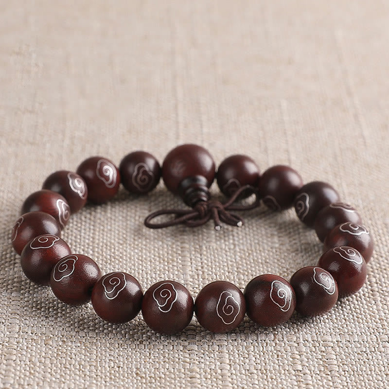 Buddha Stones 925 Sterling Silver Inlaid Small Leaf Red Sandalwood Om Mani Padme Hum Character Auspicious Clouds Protection Bracelet - 10mm - image 5