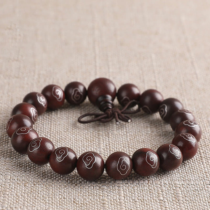 Buddha Stones 925 Sterling Silver Inlaid Small Leaf Red Sandalwood Om Mani Padme Hum Character Auspicious Clouds Protection Bracelet - 10mm - image 5