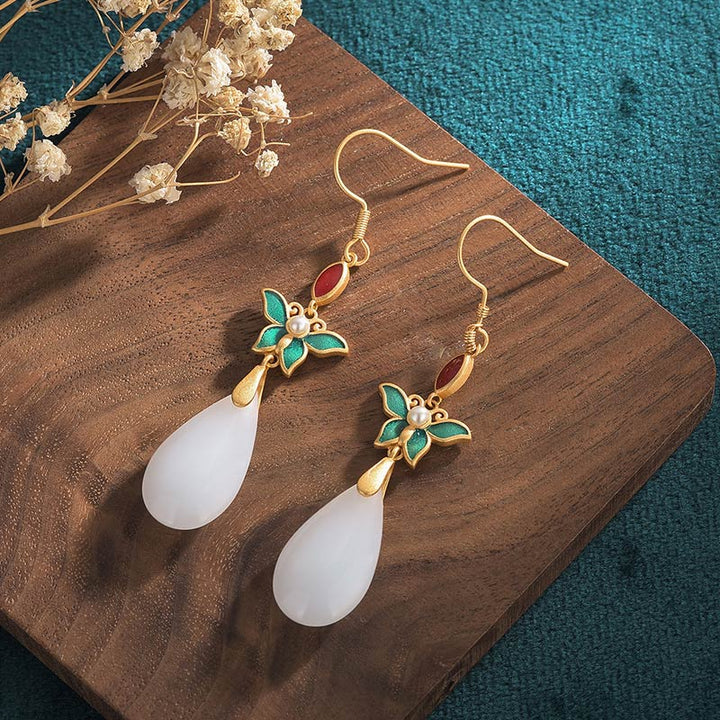 Buddha Stones FengShui White Jade Luck Drop Earrings - image 5
