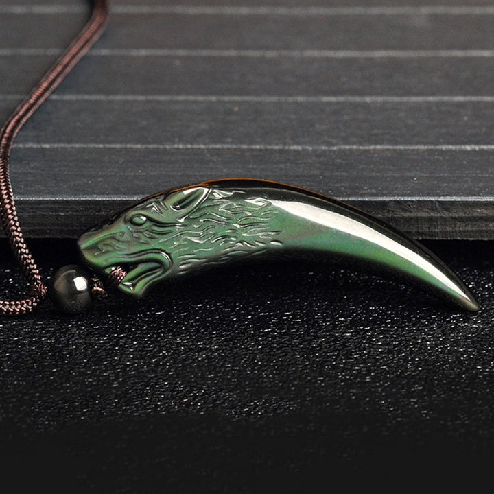 Buddha Stones Natural Black Obsidian Ice Obsidian Rainbow Obsidian Wolf Tooth Pattern Strength Necklace Pendant - image 16