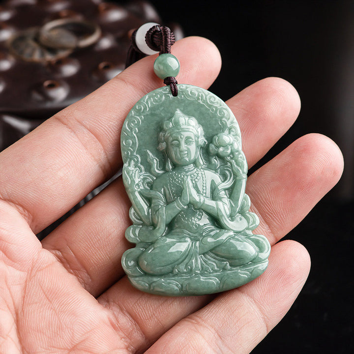 Buddha Stones Four-armed Avalokitesvara Natural Jade Amulet Blessing String Necklace - image 3