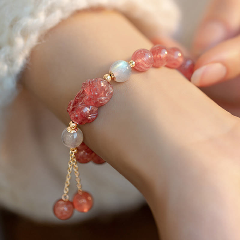 Buddha Stones Natural Strawberry Quartz Moonstone PiXiu Love Healing Bracelet - image 6