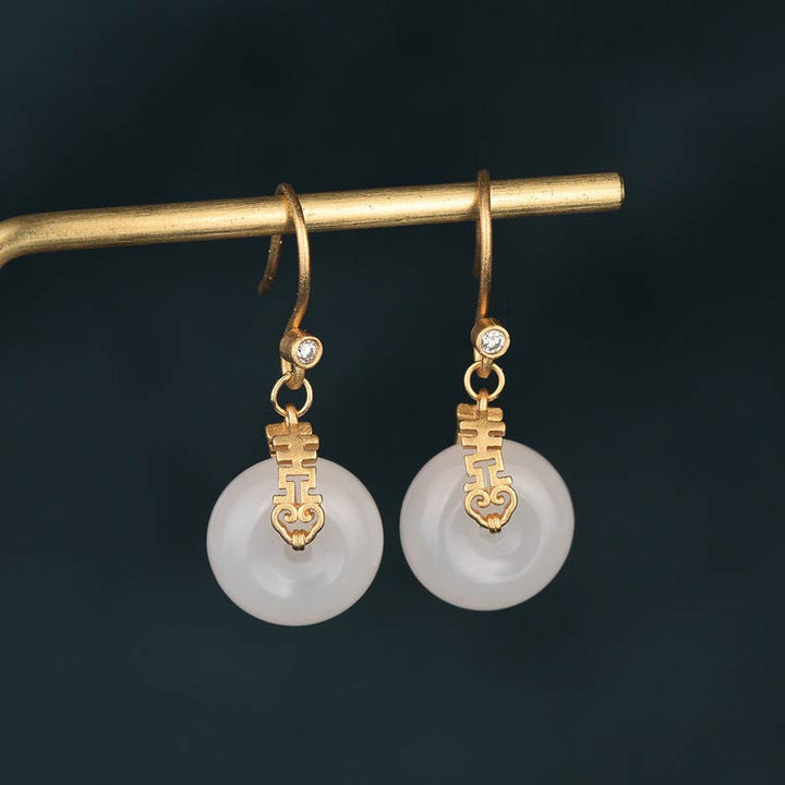 Buddha Stones White Jade Double Happiness Fortune Earrings - White Jade - image 0