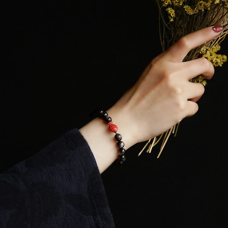 Buddha Stones Natural Silver Sheen Obsidian Cinnabar Koi Fish Soothing Protection Bracelet - image 7