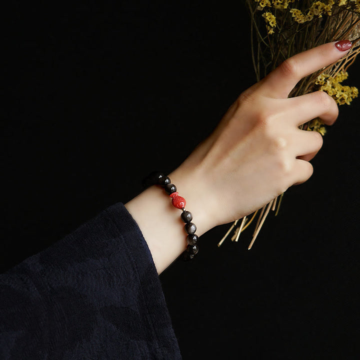 Buddha Stones Natural Silver Sheen Obsidian Cinnabar Koi Fish Soothing Protection Bracelet - image 7