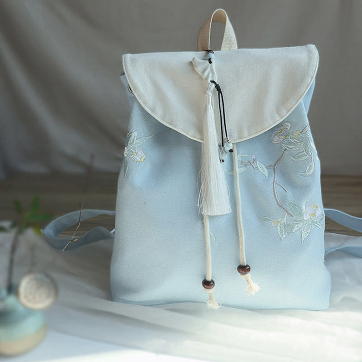 Buddha Stones Handmade Embroidered Large Capacity Canvas Backpack - White Tea Flower - image 26