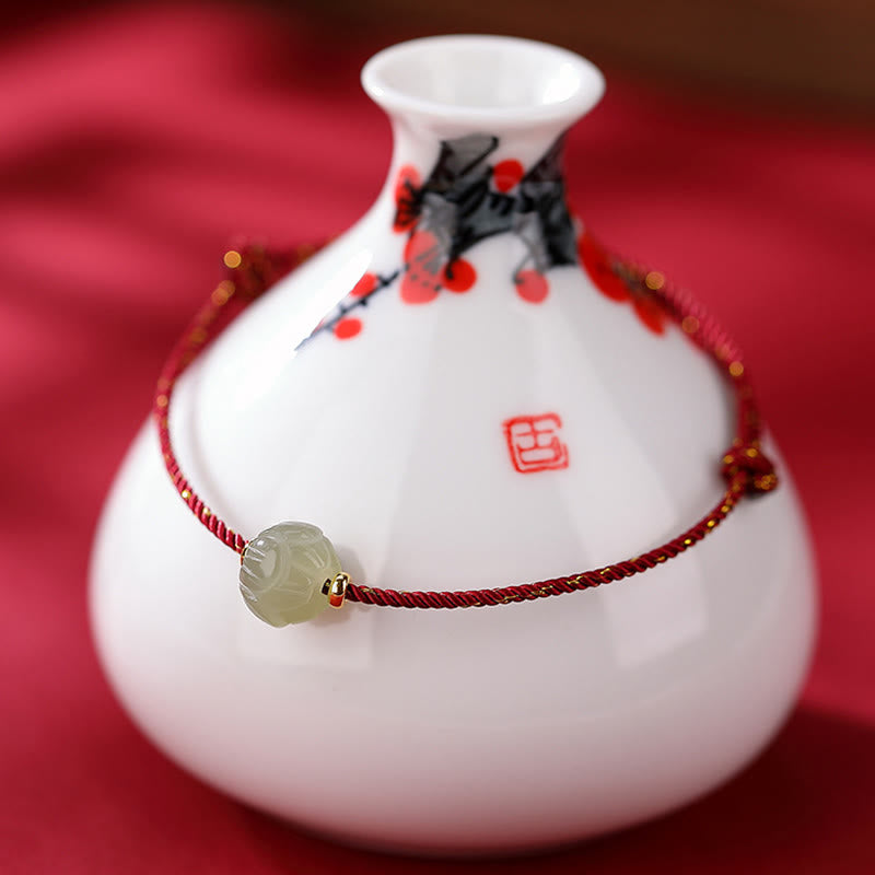 Buddha Stones 925 Sterling Silver Plated Gold Hetian Jade Lotus Luck Red String Bracelet - Large Jade Lotus 7*10mm(Bracelet Size 22cm) - image 4