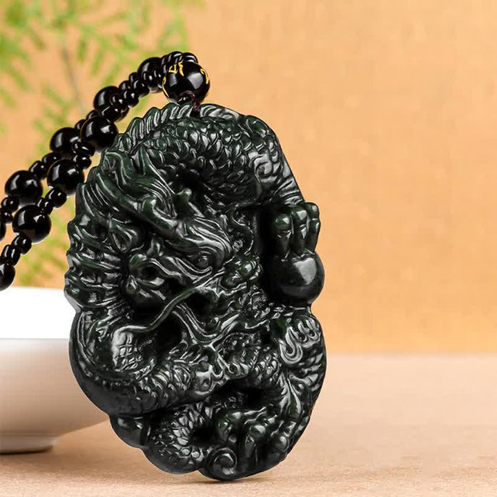 Buddha Stones Hetian Cyan Jade Dragon Success Harmony Necklace Beaded String Pendant - image 5