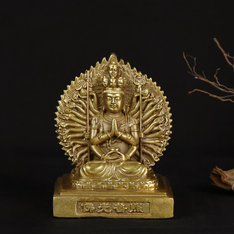 Buddha Stones Chenrezig Thousand-handed Avalokitesvara Figurine Double-sided Kuan Yin Bodhisattva Protection Solid Copper Statue Decoration - AVALOKITESVARA SYMBOL (Wealth ♥ Success) - image 0