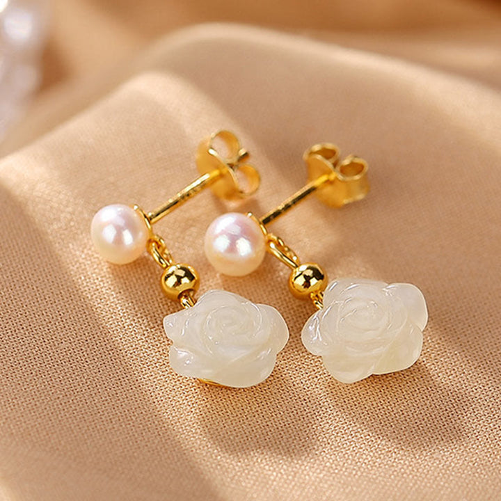 Buddha Stones 925 Sterling Silver Plated Gold Jade Rose Flower Cyan Jade Pearl Luck Earrings - image 4