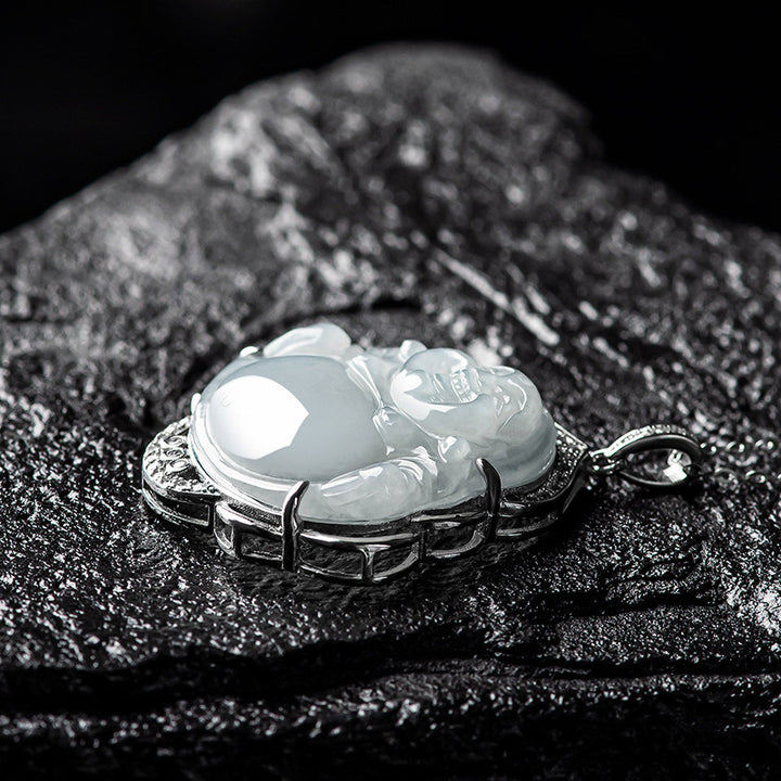 Buddha Stones Laughing Buddha Natural Jade Abundance Titanium Steel Chain Necklace Pendant - image 5