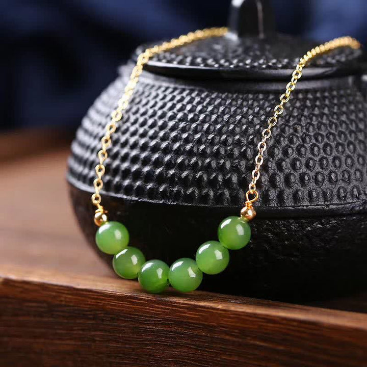 14k Gold Plated Hetian Cyan Jade Beaded Luck Necklace Pendant - Cyan Jade(Success♥Healing) - image 0
