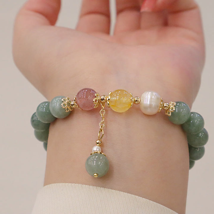 Buddha Stones Jade Pearl Strawberry Quartz Abundance Luck Bead Charm Bracelet - image 6