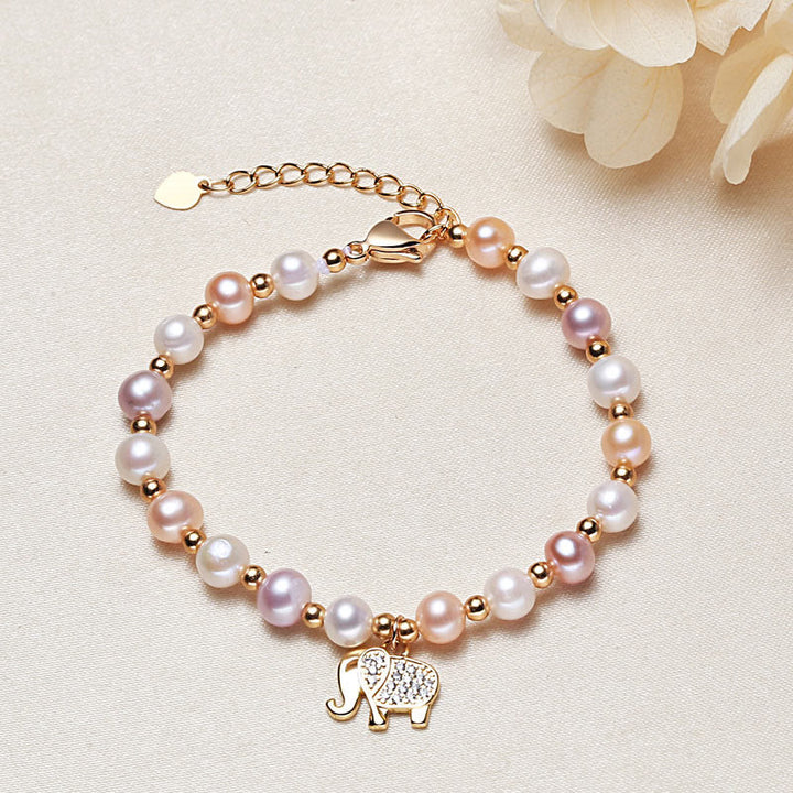 Buddha Stones 18K Gold Plated Pearl Elephant Zircon Charm Sincerity Bracelet - Pearl(Healing♥Wisdom) - image 0