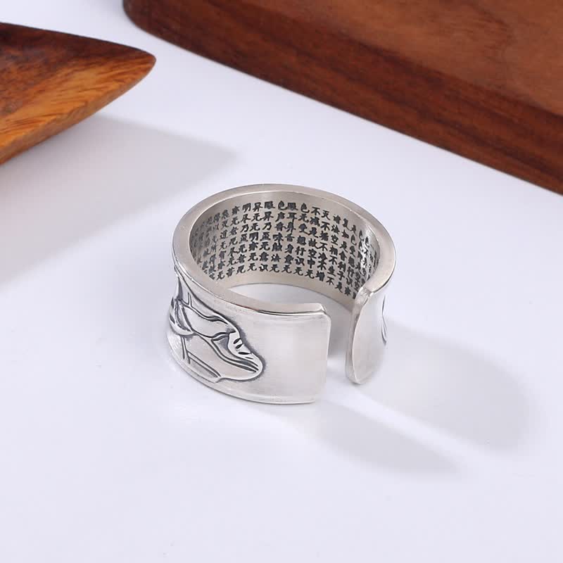 Buddha Stones 999 Sterling Silver Lotus Flower Heart Sutra Protection Ring - image 3