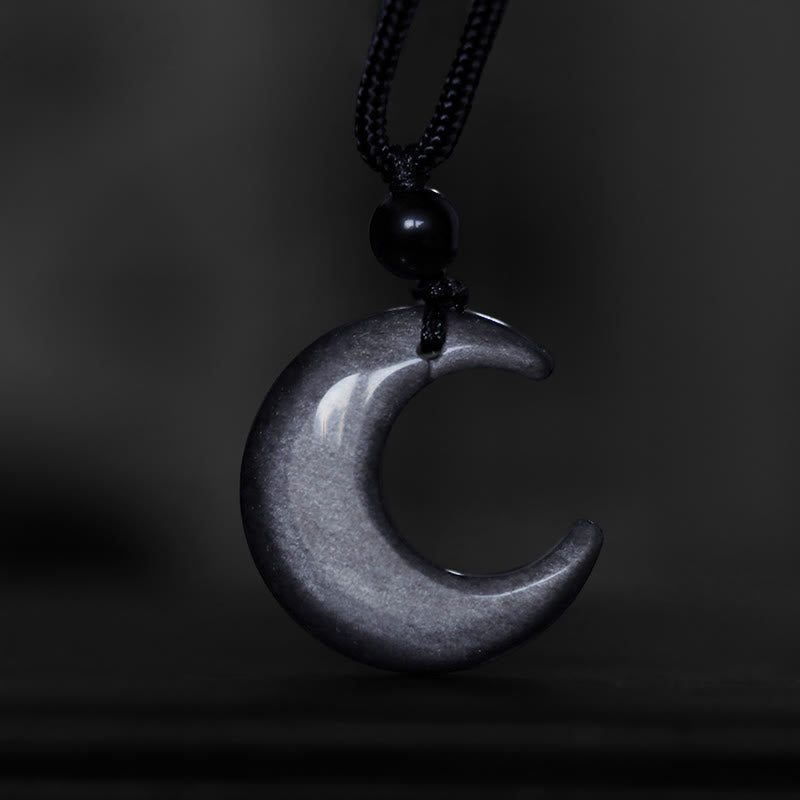 Buddha Stones Natural Silver Sheen Obsidian Selenite Crystal Crescent Moon Yin Yang Couple Protection Necklace Pendant - image 3