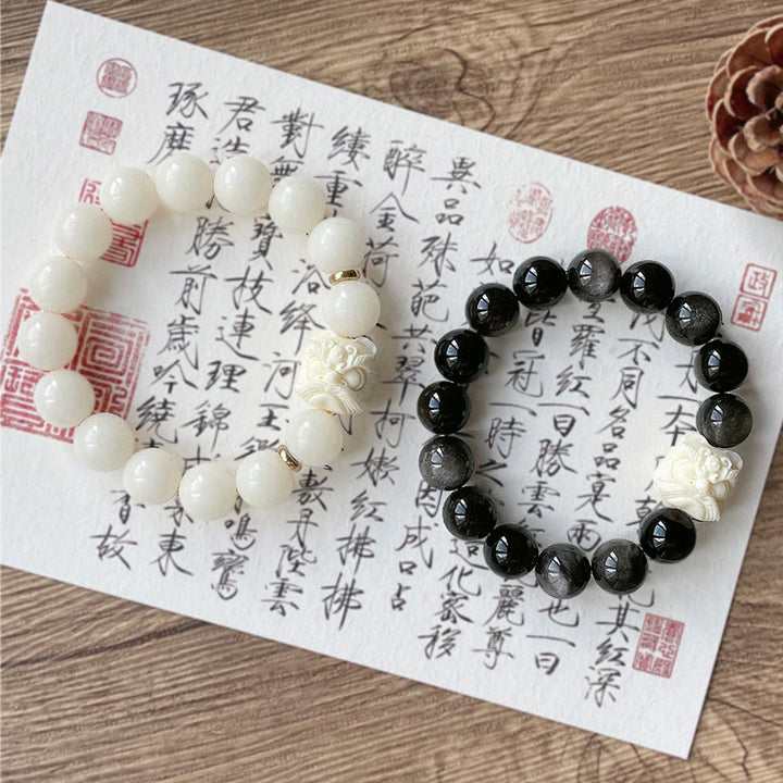 Buddha Stones Silver Sheen Obsidian Bodhi Seed Ivory Fruit Dancing Lion Protection Bracelet - image 8