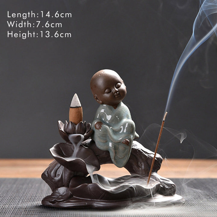 Buddha Stones Little Monk Ceramic Lotus Blessing Incense Burner Decoration - Little Monk - image 12