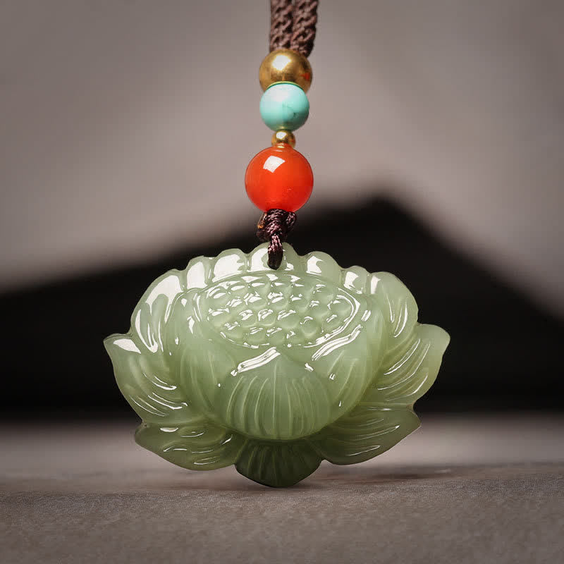 Buddha Stones Hetian Cyan Jade Lotus Flower Success Necklace Pendant - Hetian Cyan Jade(Success ♥ Healing) - image 0