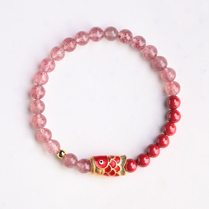 Buddha Stones Natural Strawberry Quartz Cinnabar Lucky Koi Fish Healing Bracelet - image 17