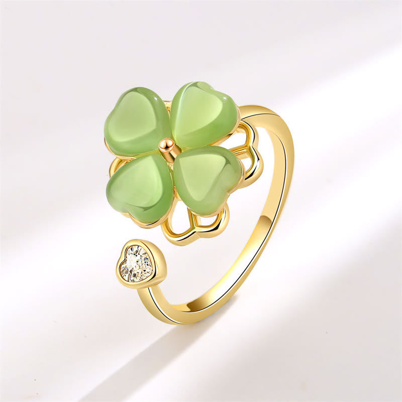 Buddha Stones Cat's Eye Four Leaf Clover Zircon Love Rotatable Ring - image 1