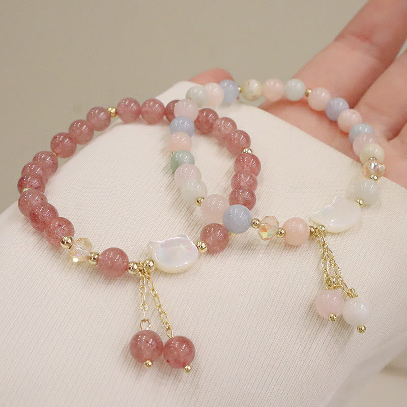 Buddha Stones Natural Strawberry Quartz Morganite Tridacna Stone Cat Love Bracelet - image 1