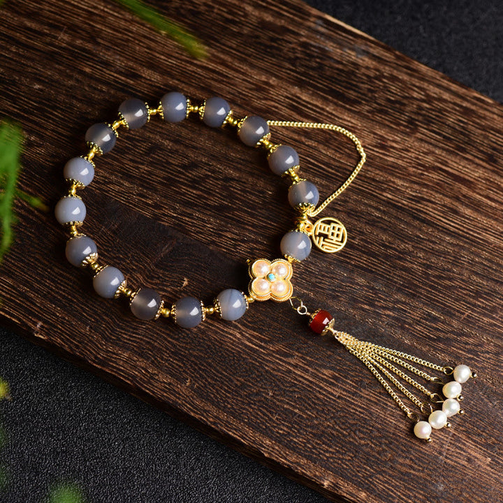 Buddha Stones Natural Gray Agate Fu Character Pearl Tassel Balance Bracelet - Gray Agate(Focus♥Positivity) - image 0