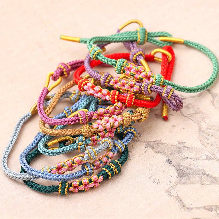 Buddha Stones Handmade Three Peach Blossoms Luck Eight Strands Braided String Bracelet - image 16